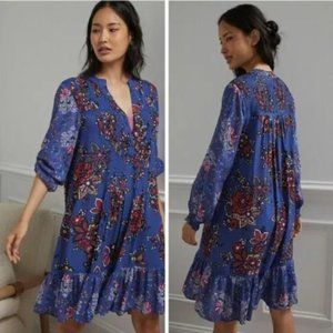 Anthropologie Diana Women's Small Pintucked Blue Floral Tunic Dress
